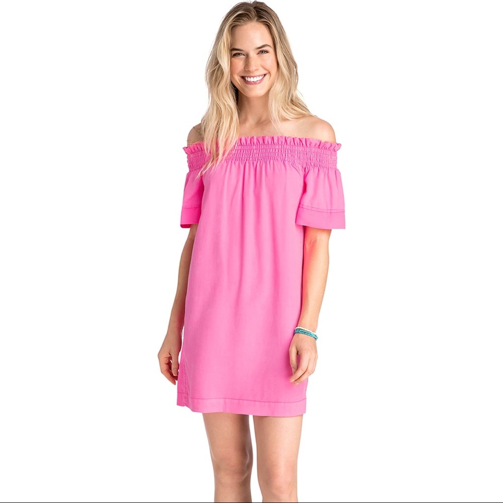 Vineyard Vines Bright Pink Off-Shoulder Mini Dress